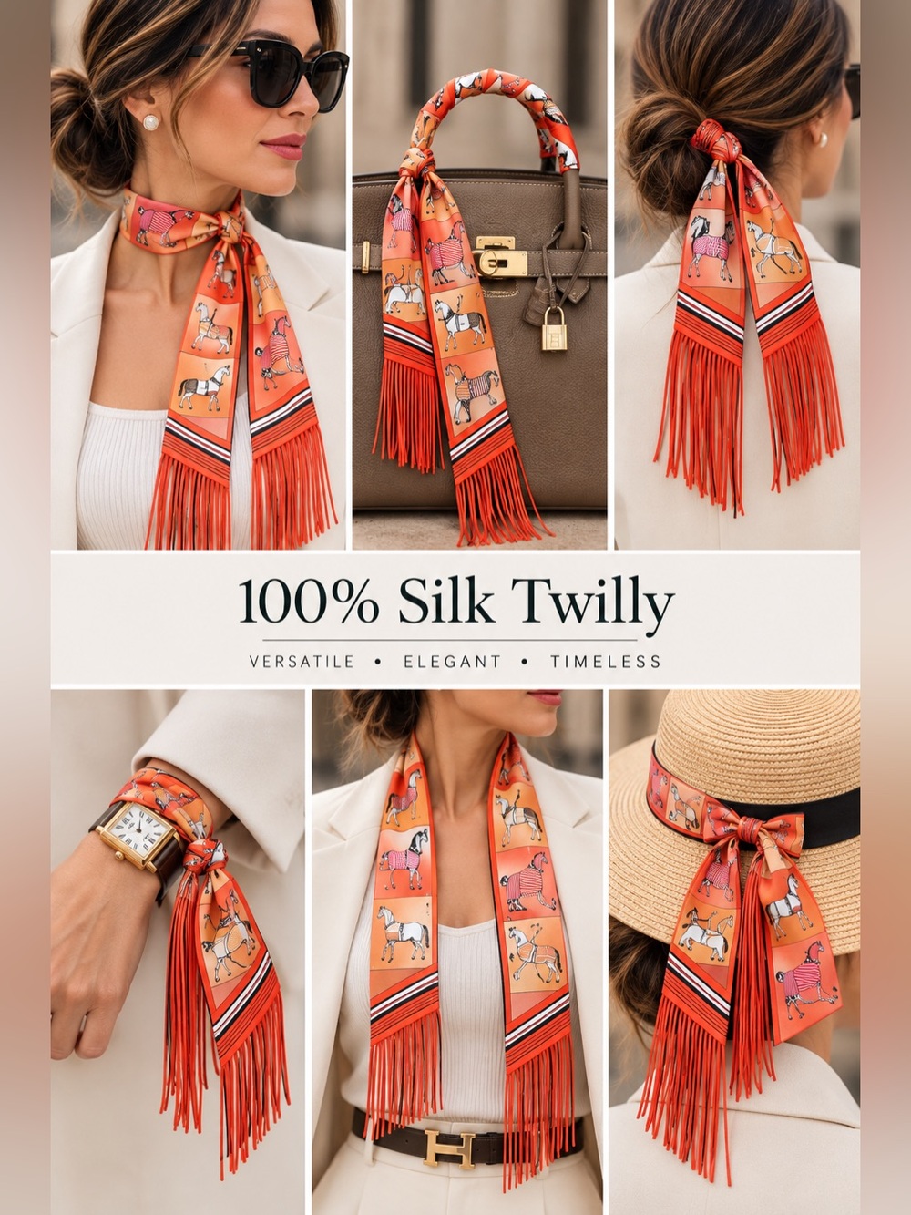 New Orange & Multicolor Silk Fringe Horse Motif Twilly Scarf / Bag Handle Wrap 5